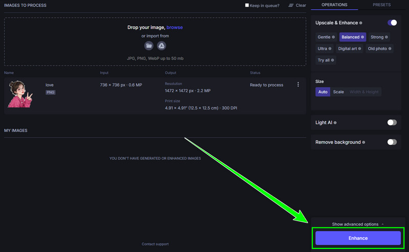 Auf „Enhance“-Button klicken Lets Enhance