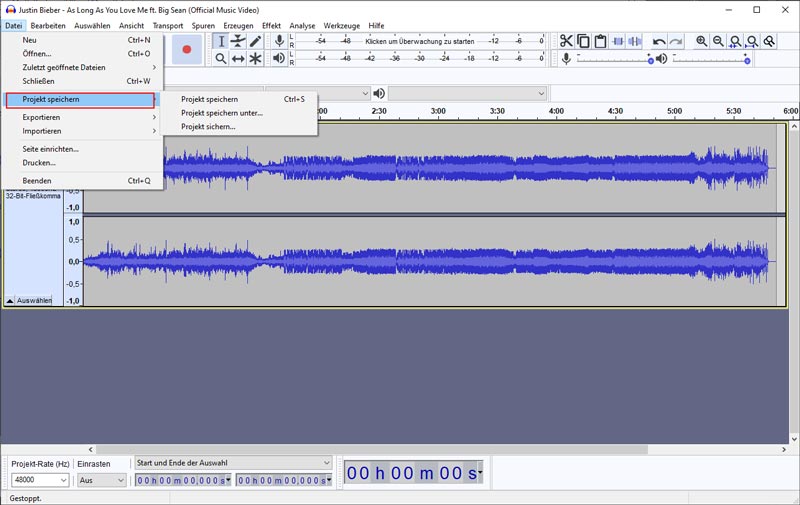 Audacity Speichern Sie aufgenommenes Audio