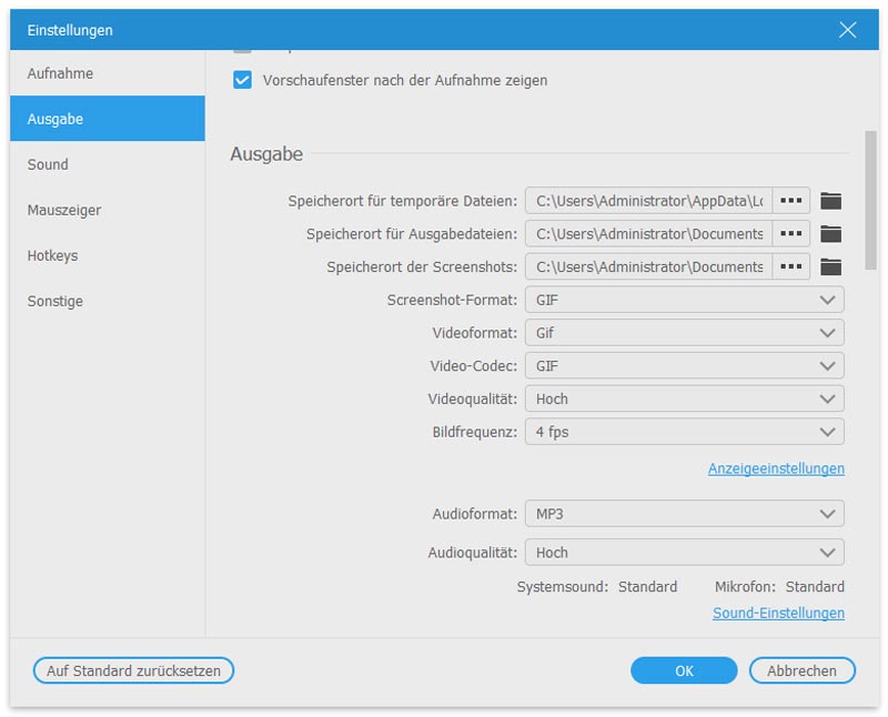 Ausgabeeinstellungen anpassen