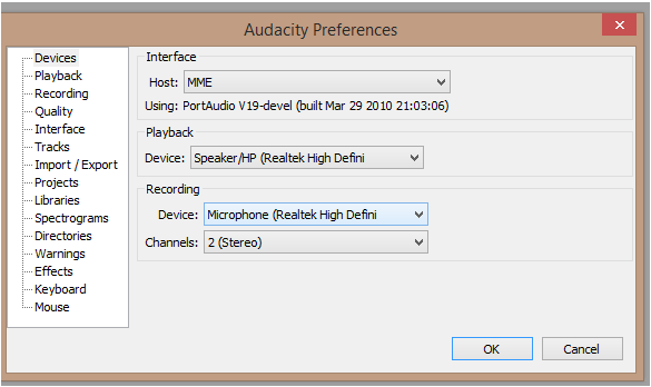 Audacity-Einstellungen