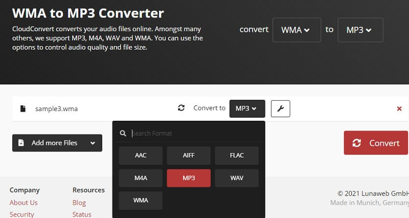 Cloud Convert Wählen Sie WMAA in MP3 ausgeben