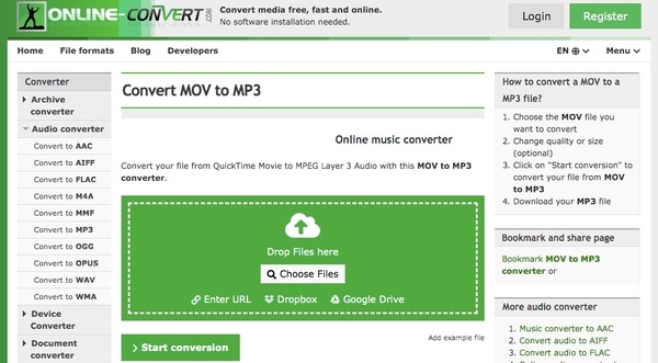 Konvertieren Sie MOV in MP3 Online Convert