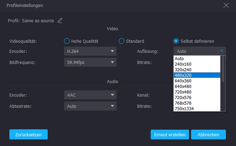 Passen Sie die Videoauflösung an