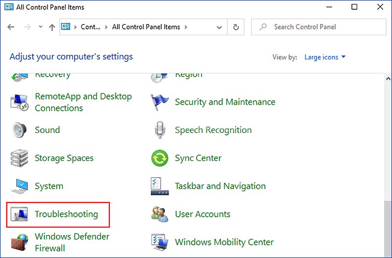 Systemsteuerung – Funktion Problembehandlung